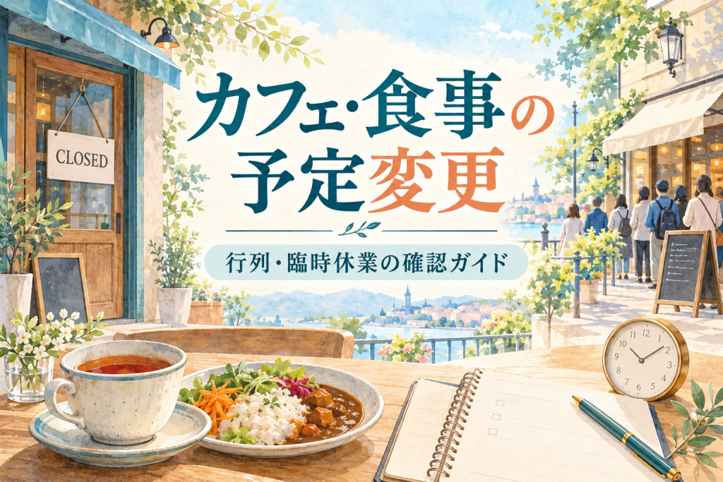 カフェの休業と行列、食事と予定帳を描いた予定変更の説明用イラスト
