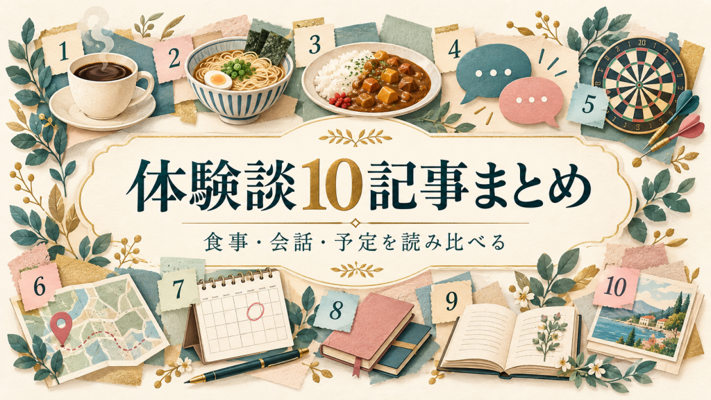 体験談10記事まとめ:コーヒー、料理、会話、ダーツ、地図と予定帳を配した説明用イラスト