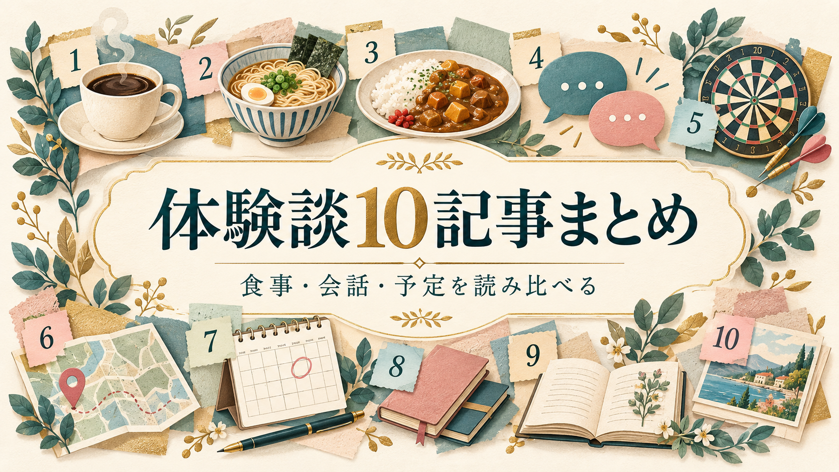 体験談10記事まとめ:コーヒー、料理、会話、ダーツ、地図と予定帳を配した説明用イラスト