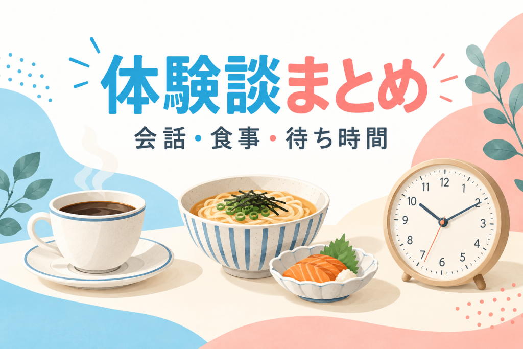 体験談まとめ:カップ、料理、時計で会話・食事・待ち時間を表したイラスト