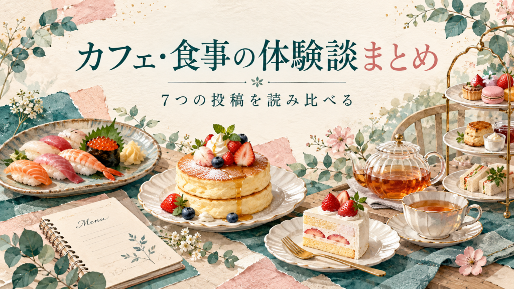 寿司、パンケーキ、ケーキ、紅茶を描いたカフェ・食事の体験談まとめのイラスト