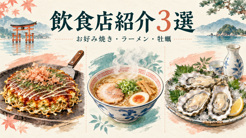 お好み焼き、ラーメン、牡蠣と日本酒を描いた飲食店紹介の説明用イラスト